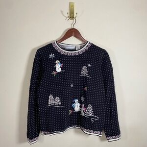 Vintage Alfred Dunner Embroidered Snowman Sweater Womens L Christmas Heart Print